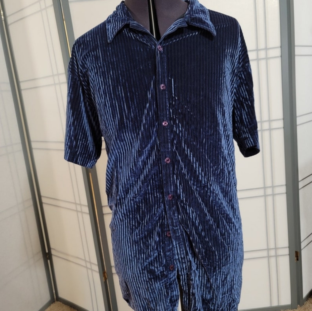 2XL Vintage Positano, Indigo-Blue, Ribbed Velour Buttondown